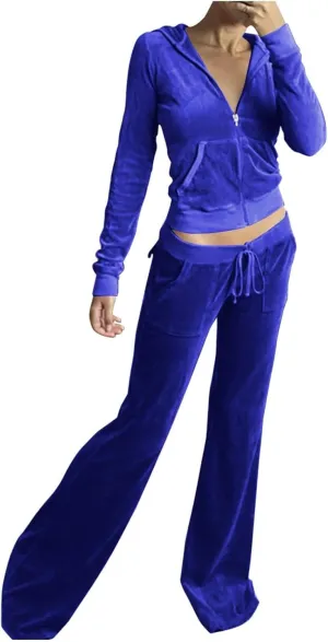 Womens Casual Velour 2 Piece Outfits Cozy Solid Color Sleep Casual Loungwear Sets Street Sports Fashion Tracksuit Set