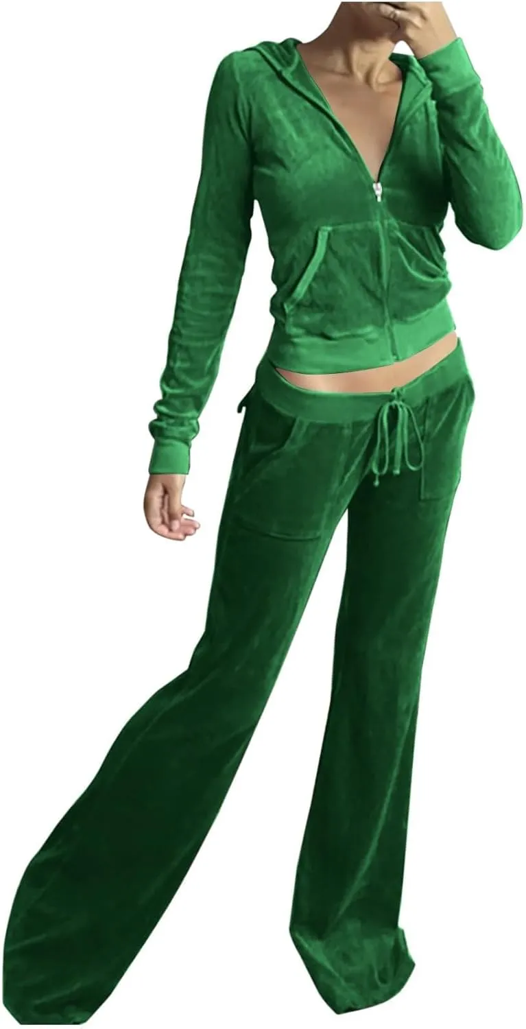Womens Casual Velour 2 Piece Outfits Cozy Solid Color Sleep Casual Loungwear Sets Street Sports Fashion Tracksuit Set