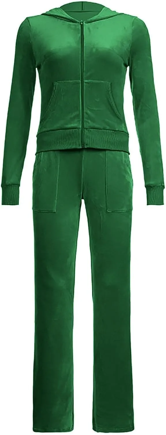 Womens Casual Velour 2 Piece Outfits Cozy Solid Color Sleep Casual Loungwear Sets Street Sports Fashion Tracksuit Set
