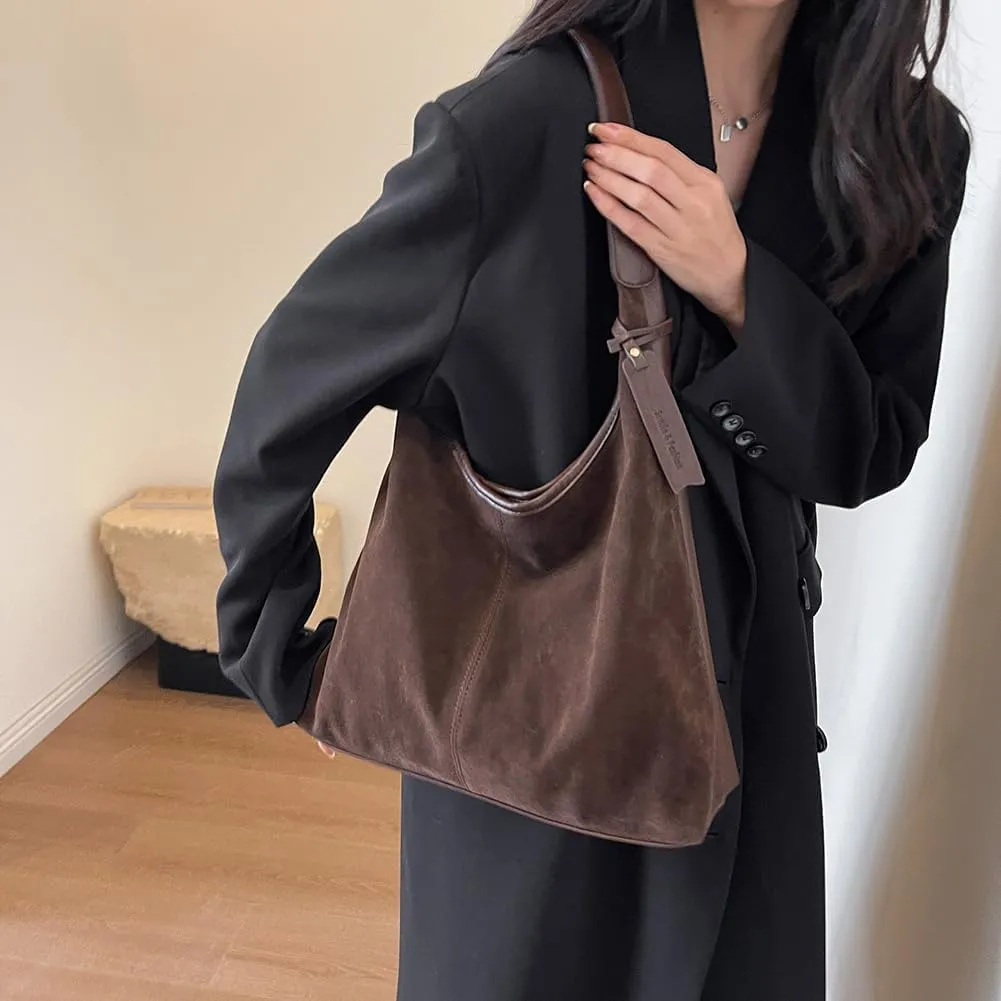 Women's Faux Suede Shoulder Bag Retro Underarm Purse Slouchy Hobo Crossbody Magnetic Closure Tote Bag Large Capacity Handbag