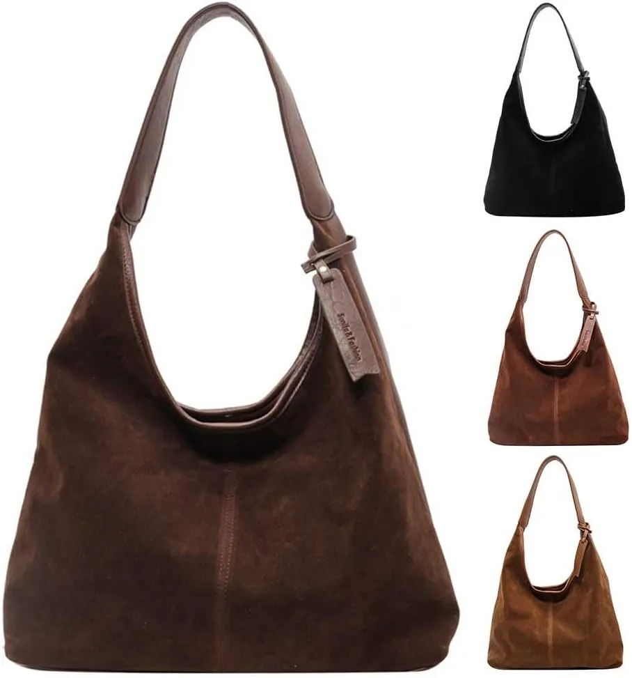 Women's Faux Suede Shoulder Bag Retro Underarm Purse Slouchy Hobo Crossbody Magnetic Closure Tote Bag Large Capacity Handbag