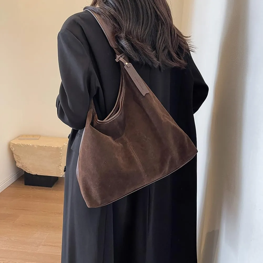 Women's Faux Suede Shoulder Bag Retro Underarm Purse Slouchy Hobo Crossbody Magnetic Closure Tote Bag Large Capacity Handbag