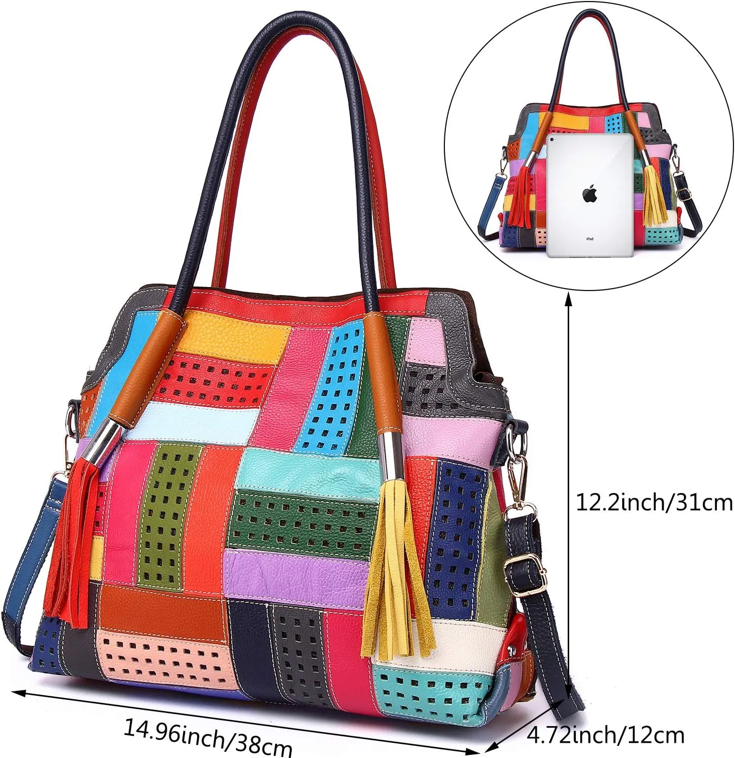 Women’s Genuine Leather Tote Multicolour Patchwork Hollow Shoulder Bag Cowhide Stitching Colorful Large Handbag