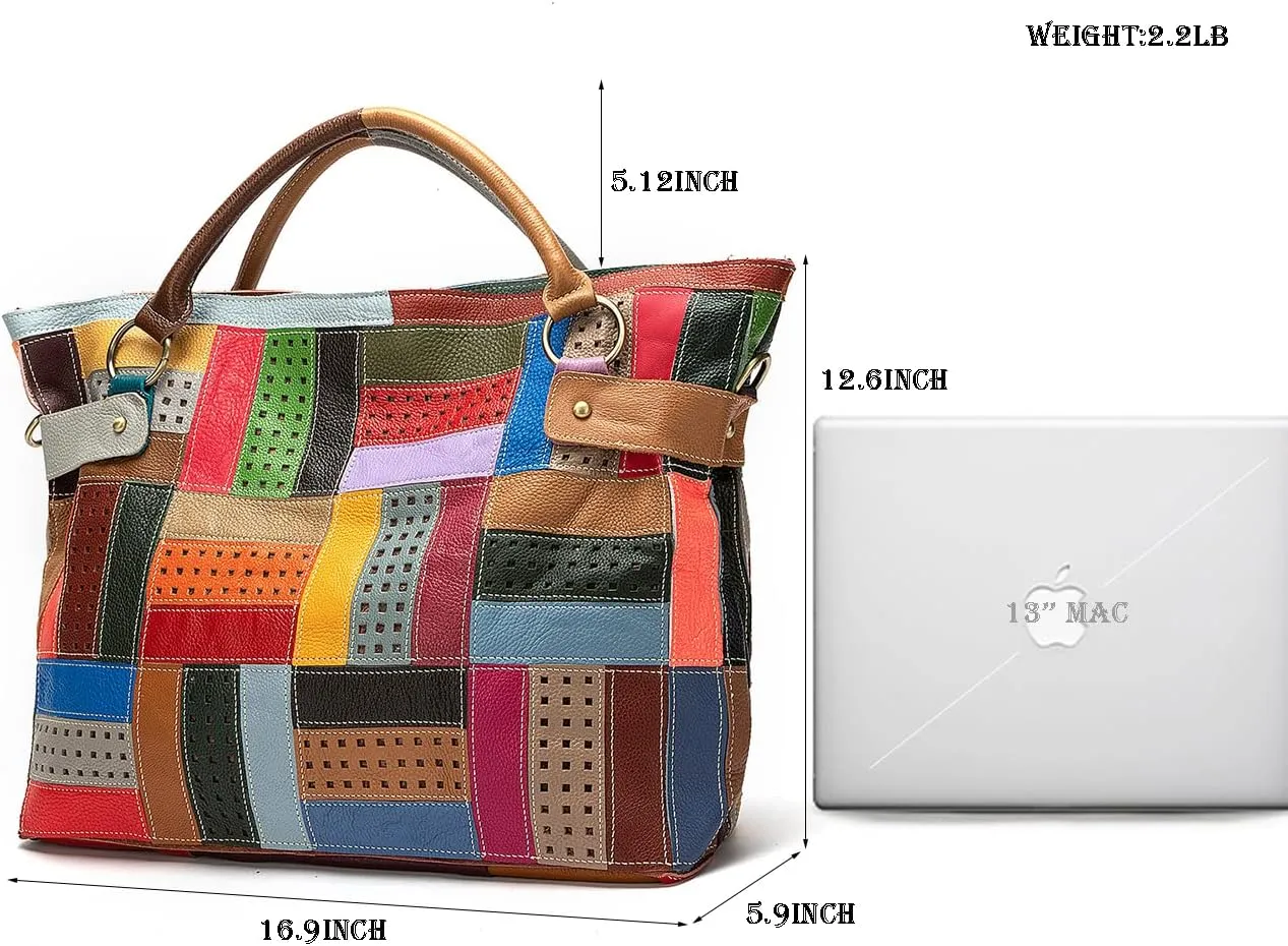 Women’s Genuine Leather Tote Multicolour Patchwork Hollow Shoulder Bag Cowhide Stitching Colorful Large Handbag