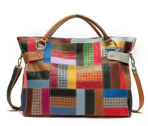 Women’s Genuine Leather Tote Multicolour Patchwork Hollow Shoulder Bag Cowhide Stitching Colorful Large Handbag