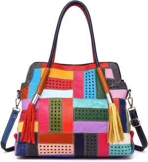 Women’s Genuine Leather Tote Multicolour Patchwork Hollow Shoulder Bag Cowhide Stitching Colorful Large Handbag