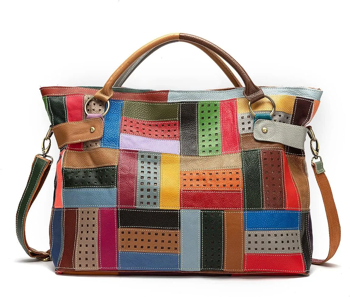 Women’s Genuine Leather Tote Multicolour Patchwork Hollow Shoulder Bag Cowhide Stitching Colorful Large Handbag