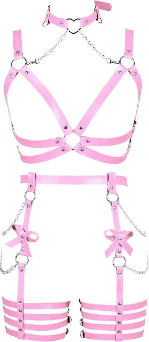 Womens Harness Leather Body Chain Bowknot Lingerie Garter Belts Set Hollow Out Christmas Dance Fashion Clothing