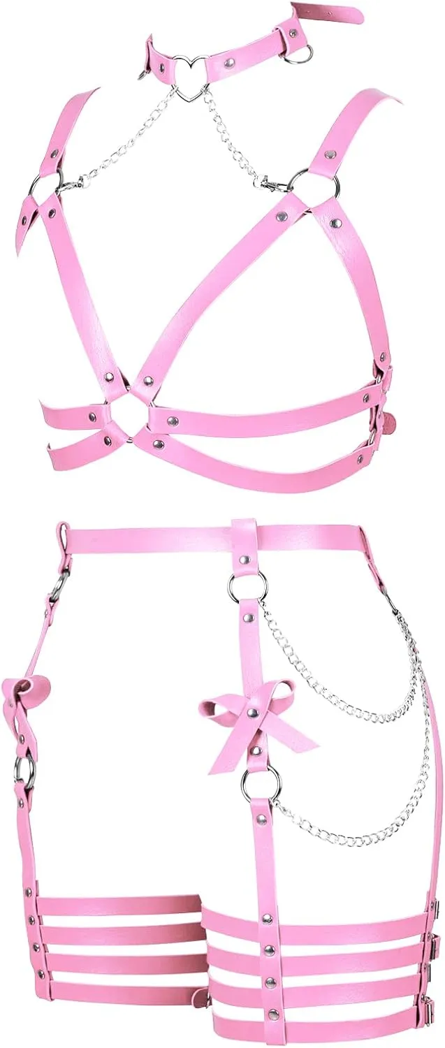 Womens Harness Leather Body Chain Bowknot Lingerie Garter Belts Set Hollow Out Christmas Dance Fashion Clothing