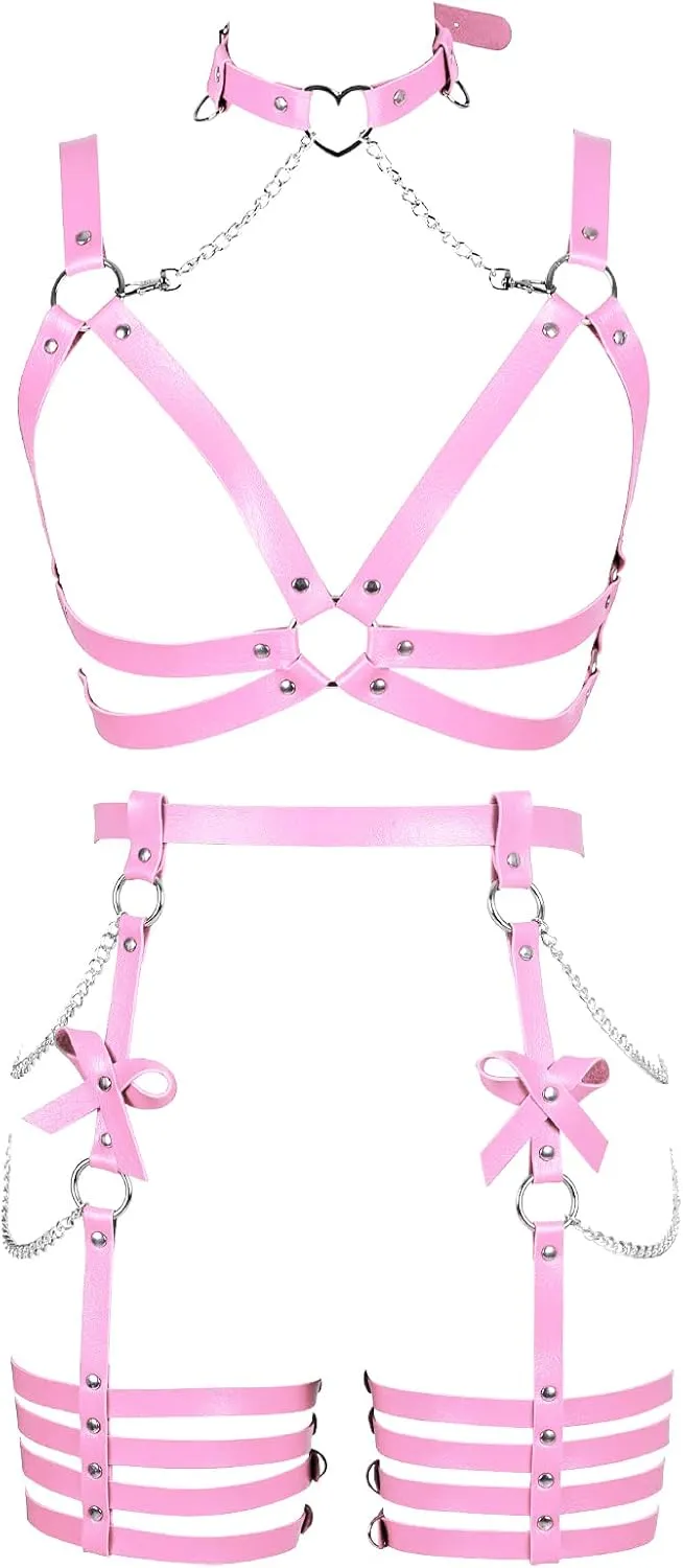 Womens Harness Leather Body Chain Bowknot Lingerie Garter Belts Set Hollow Out Christmas Dance Fashion Clothing