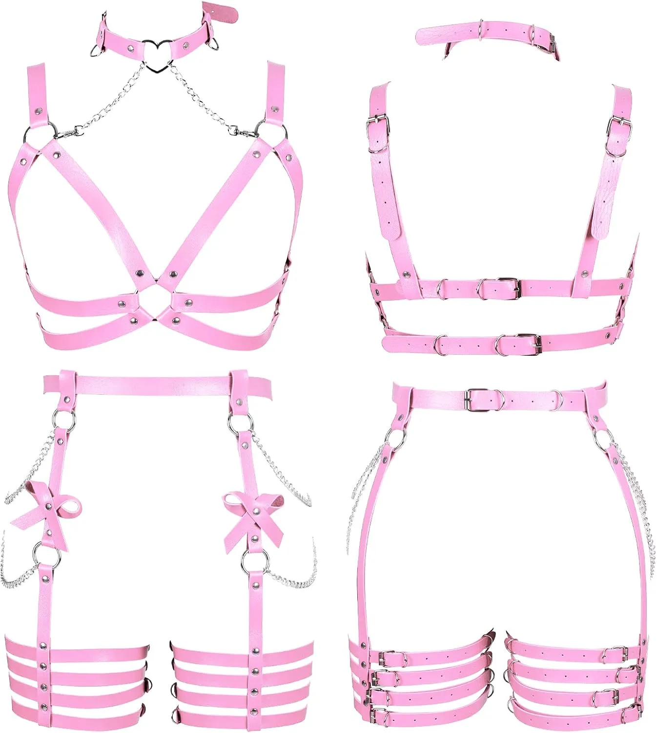 Womens Harness Leather Body Chain Bowknot Lingerie Garter Belts Set Hollow Out Christmas Dance Fashion Clothing