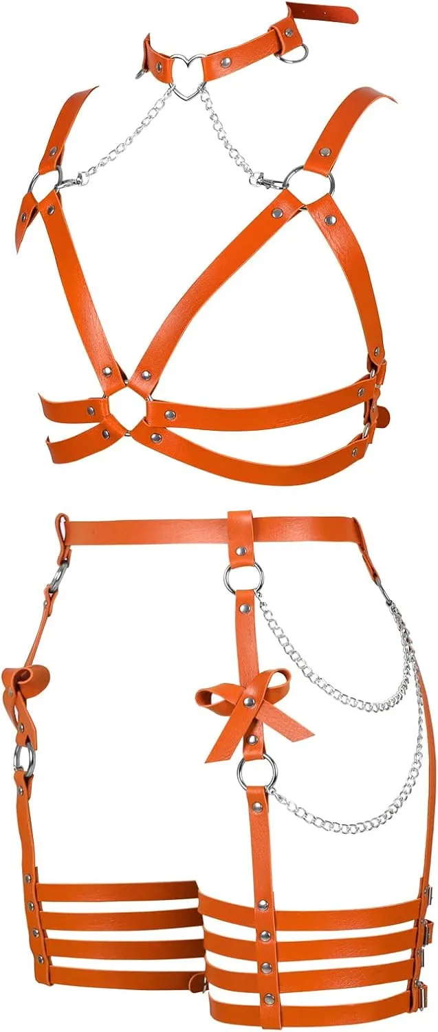 Womens Harness Leather Body Chain Bowknot Lingerie Garter Belts Set Hollow Out Christmas Dance Fashion Clothing
