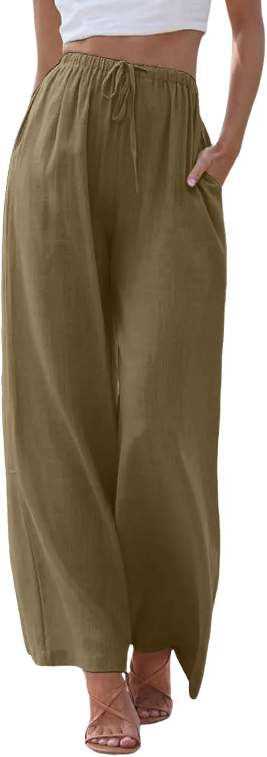 Womens Linen Summer Palazzo Pant Flowy Wide Leg Boho Pants Elastic High Waisted Plus Size Trouser with Pockets