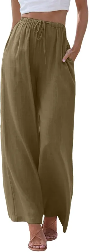 Womens Linen Summer Palazzo Pant Flowy Wide Leg Boho Pants Elastic High Waisted Plus Size Trouser with Pockets