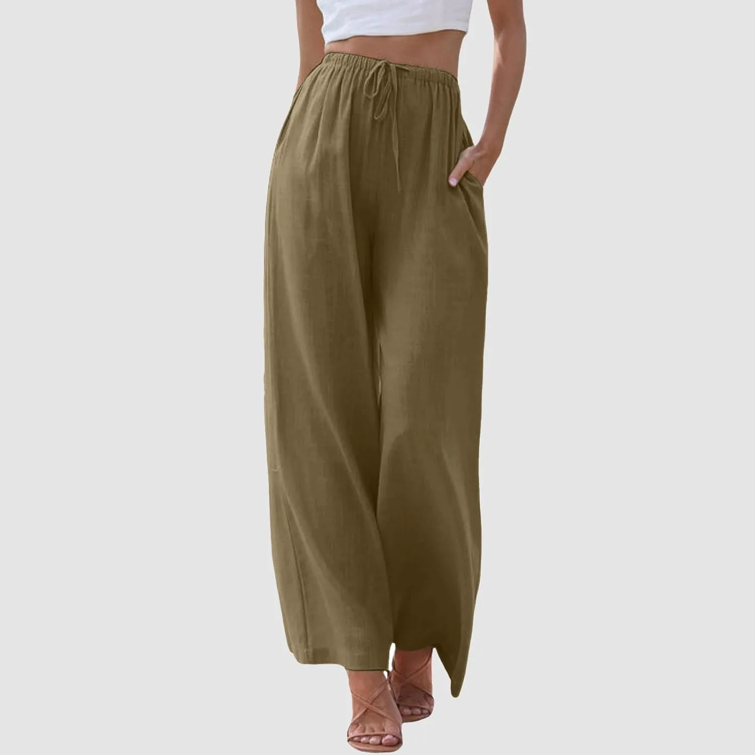 Womens Linen Summer Palazzo Pant Flowy Wide Leg Boho Pants Elastic High Waisted Plus Size Trouser with Pockets