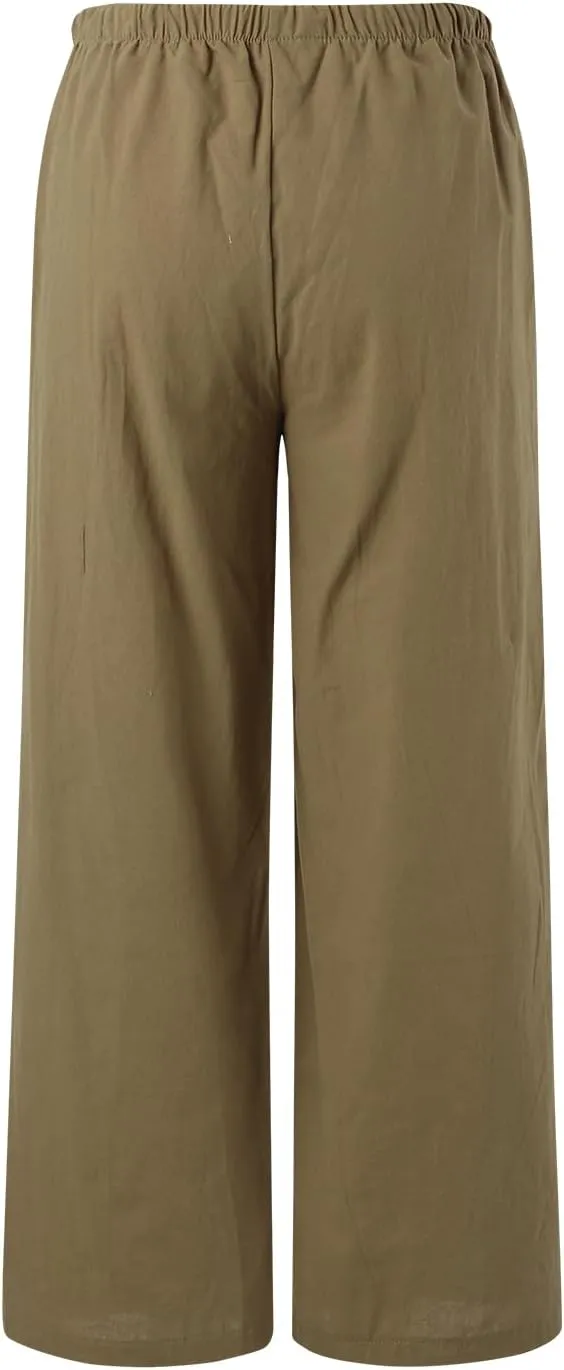 Womens Linen Summer Palazzo Pant Flowy Wide Leg Boho Pants Elastic High Waisted Plus Size Trouser with Pockets