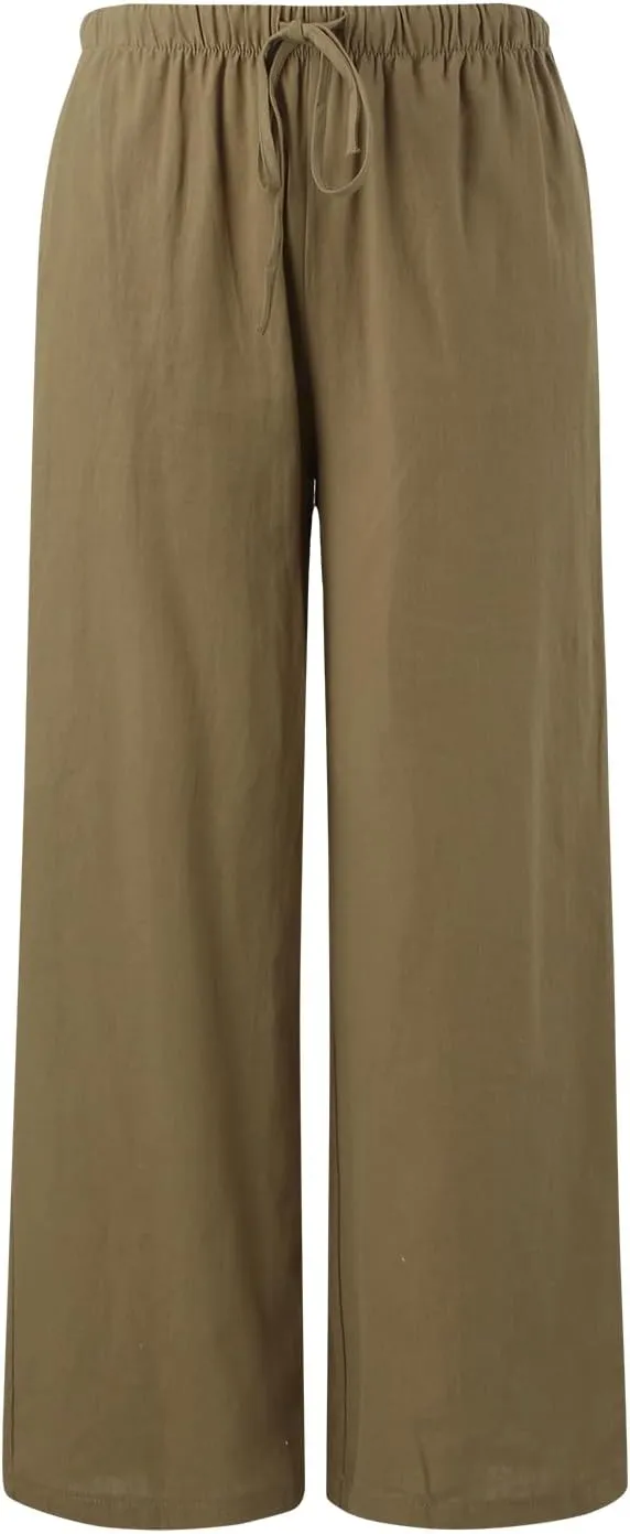 Womens Linen Summer Palazzo Pant Flowy Wide Leg Boho Pants Elastic High Waisted Plus Size Trouser with Pockets