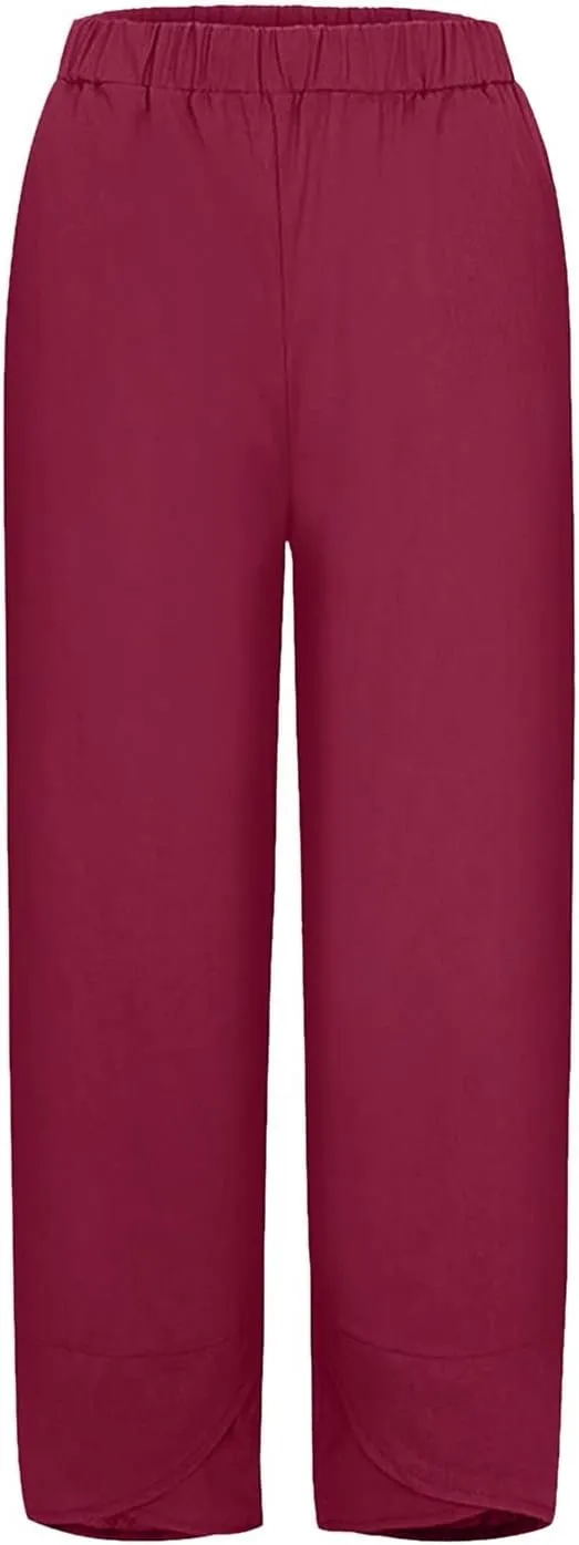 Women's Linen Summer Palazzo Pants Flowy Wide Leg Boho Beach Pants High Waist Tie Knot Trousers with Pocket