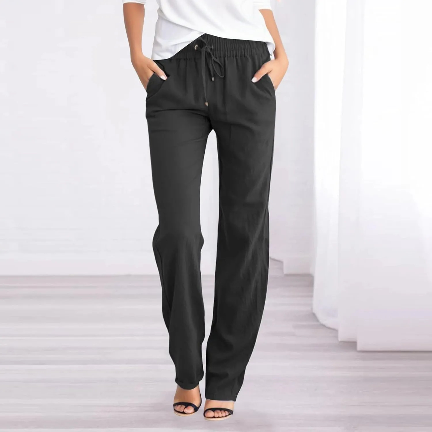 Women's Linen Summer Palazzo Pants Flowy Wide Leg Boho Beach Pants High Waist Tie Knot Trousers with Pocket
