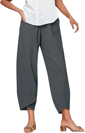 Women's Linen Summer Palazzo Pants Flowy Wide Leg Boho Beach Pants High Waist Tie Knot Trousers with Pocket