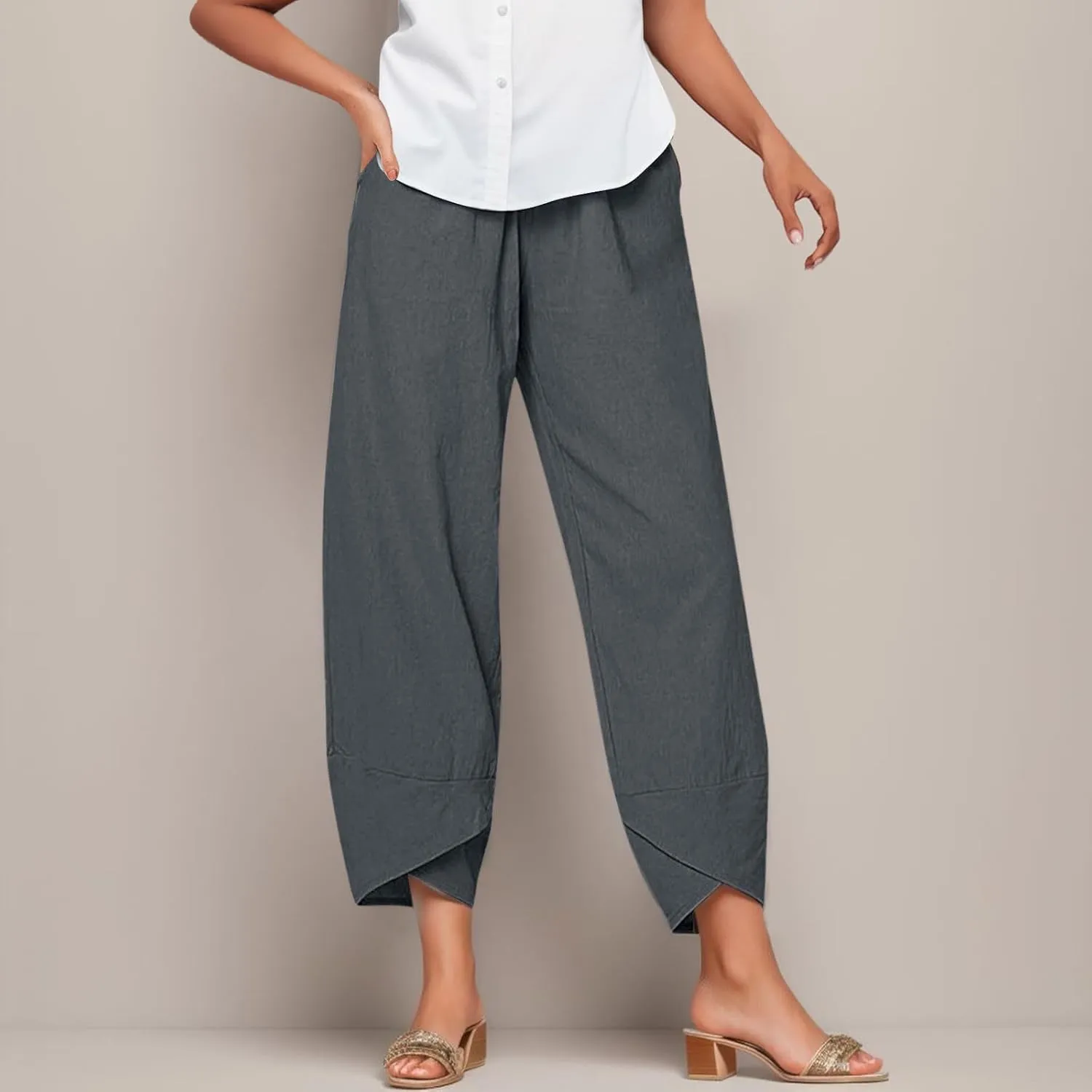 Women's Linen Summer Palazzo Pants Flowy Wide Leg Boho Beach Pants High Waist Tie Knot Trousers with Pocket