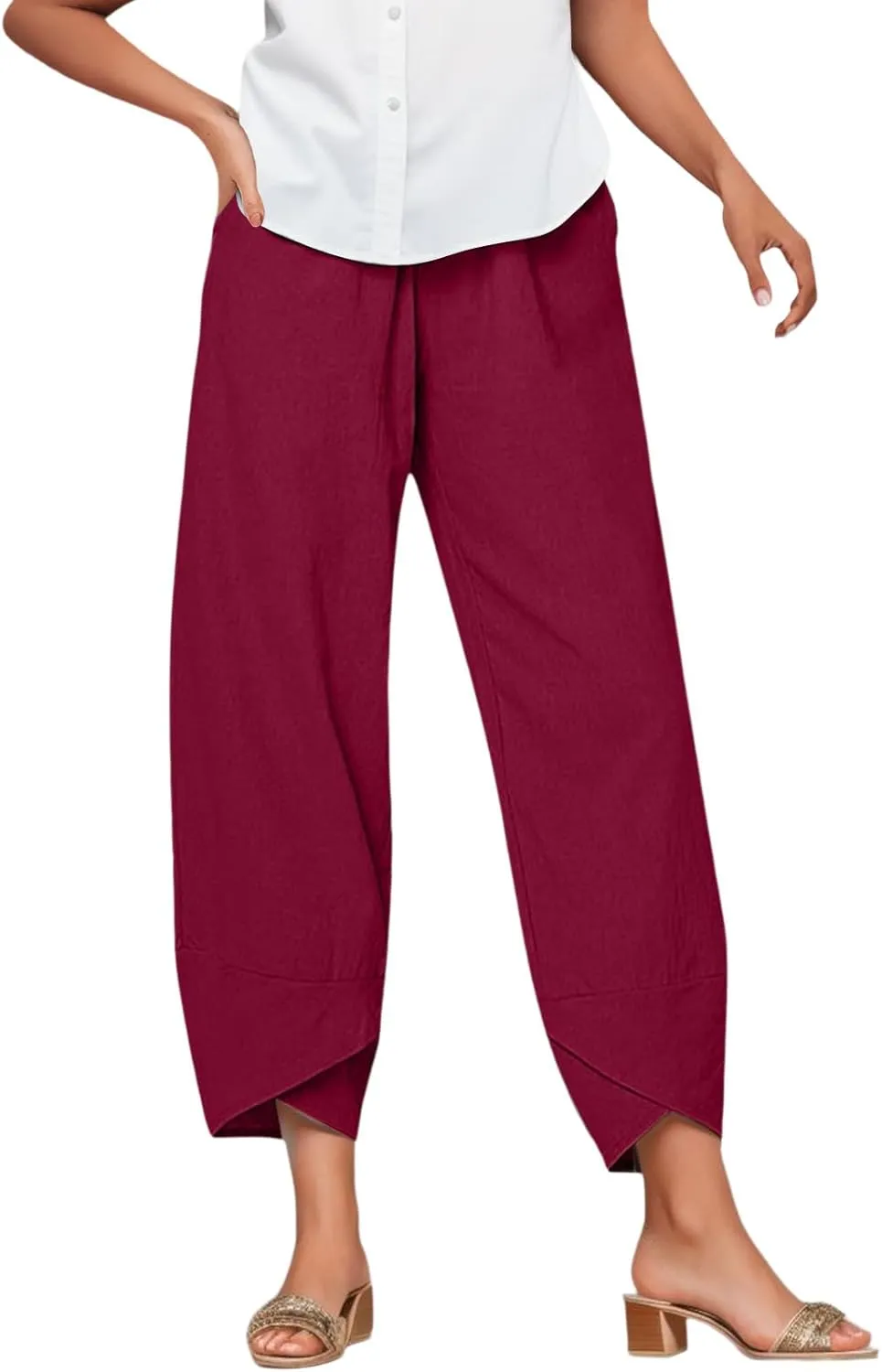 Women's Linen Summer Palazzo Pants Flowy Wide Leg Boho Beach Pants High Waist Tie Knot Trousers with Pocket