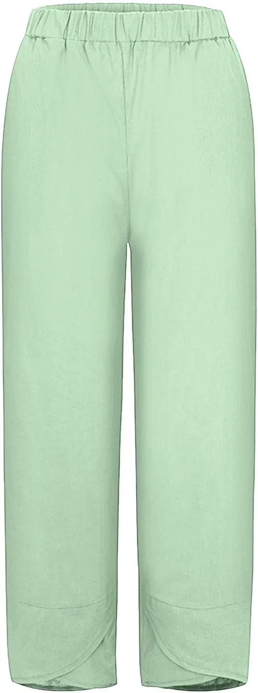Women's Linen Summer Palazzo Pants Flowy Wide Leg Boho Beach Pants High Waist Tie Knot Trousers with Pocket
