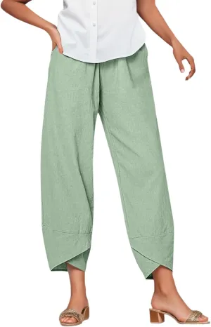 Women's Linen Summer Palazzo Pants Flowy Wide Leg Boho Beach Pants High Waist Tie Knot Trousers with Pocket