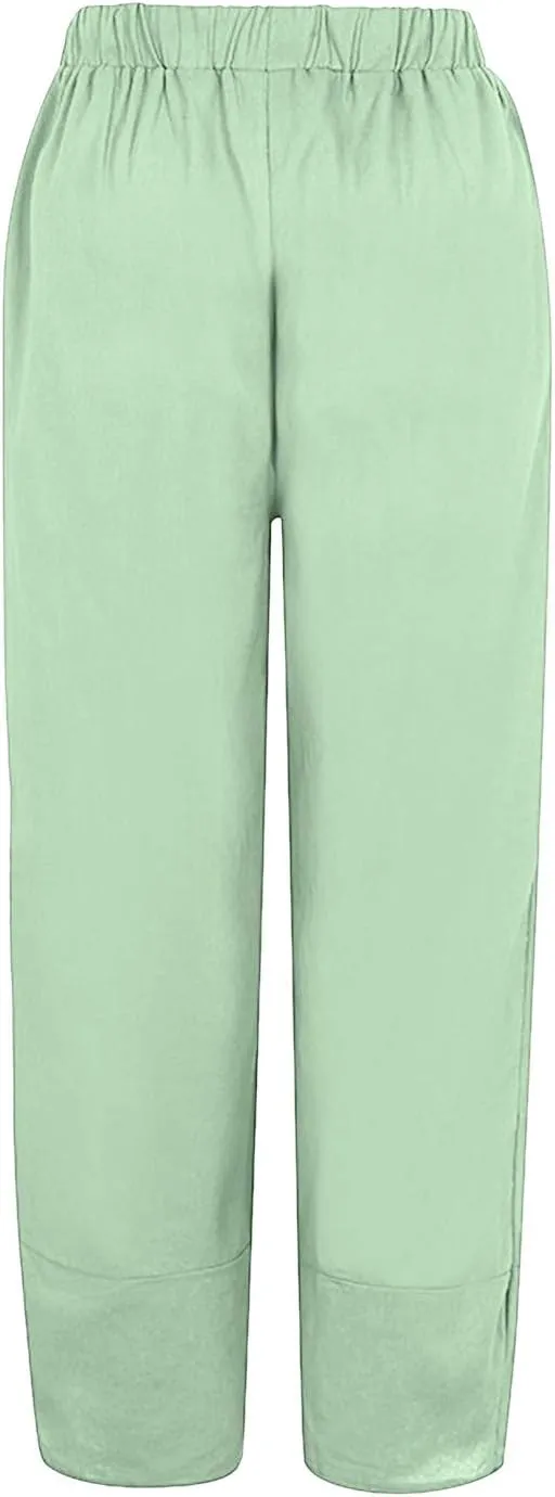 Women's Linen Summer Palazzo Pants Flowy Wide Leg Boho Beach Pants High Waist Tie Knot Trousers with Pocket