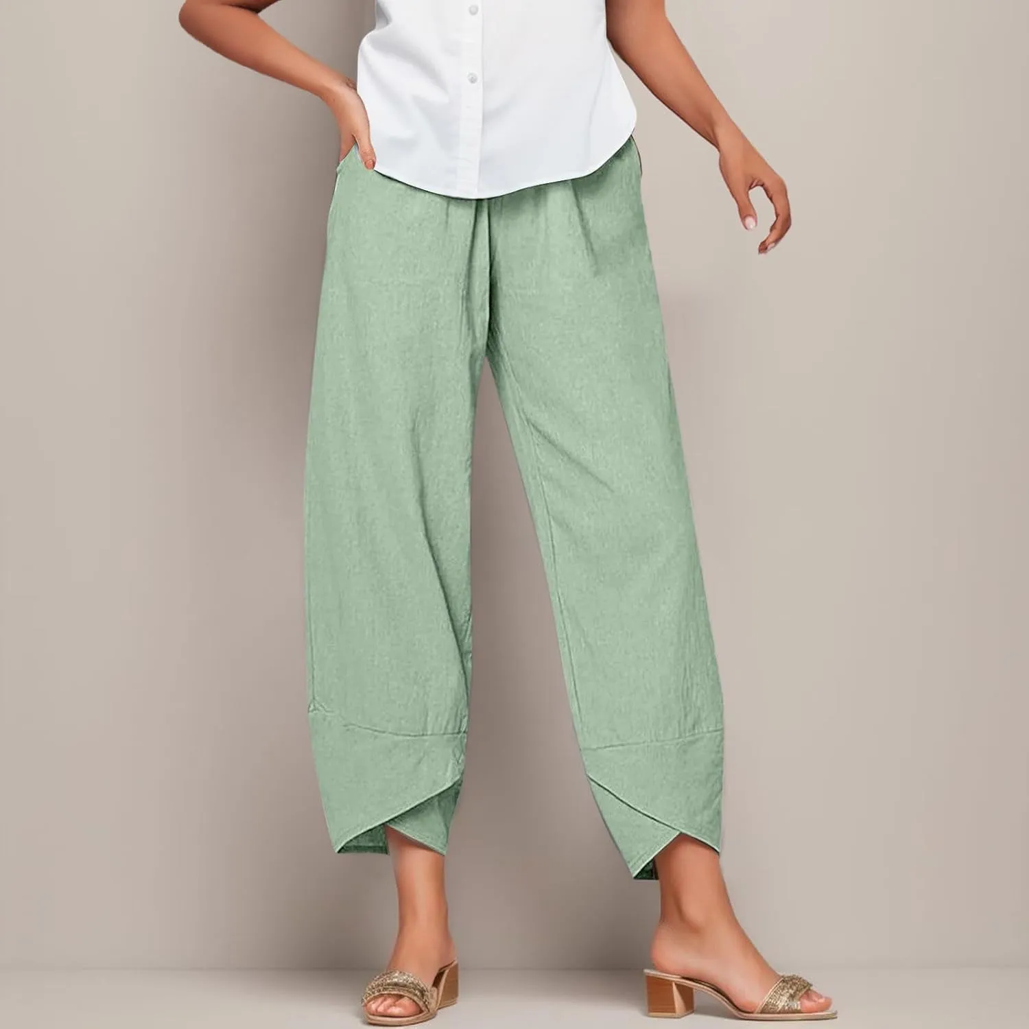 Women's Linen Summer Palazzo Pants Flowy Wide Leg Boho Beach Pants High Waist Tie Knot Trousers with Pocket