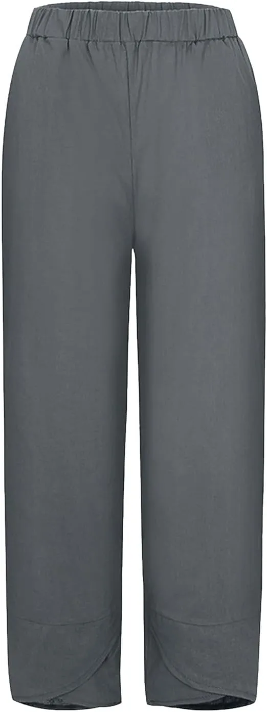 Women's Linen Summer Palazzo Pants Flowy Wide Leg Boho Beach Pants High Waist Tie Knot Trousers with Pocket