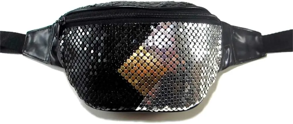 Women's Metal Mesh Fanny Pack Shiny Rave Waist Bag Adjustable Belt for Festival Party or Daily Use(Diamond)