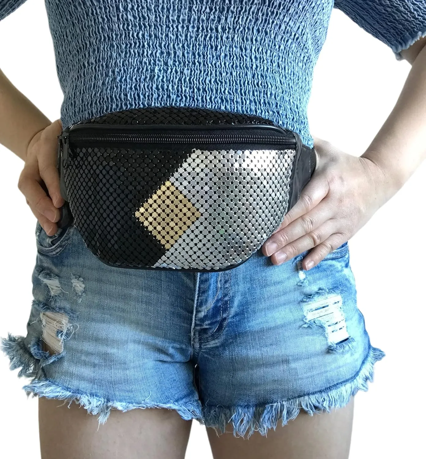 Women's Metal Mesh Fanny Pack Shiny Rave Waist Bag Adjustable Belt for Festival Party or Daily Use(Diamond)