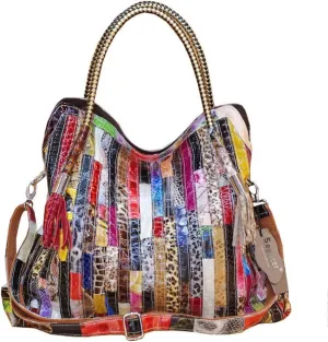Women's Multicolor Big Boston Bag Genuine Leather RANDOM Colorful Patchwork Large Tote Handbag Hobo Crossbody Purses