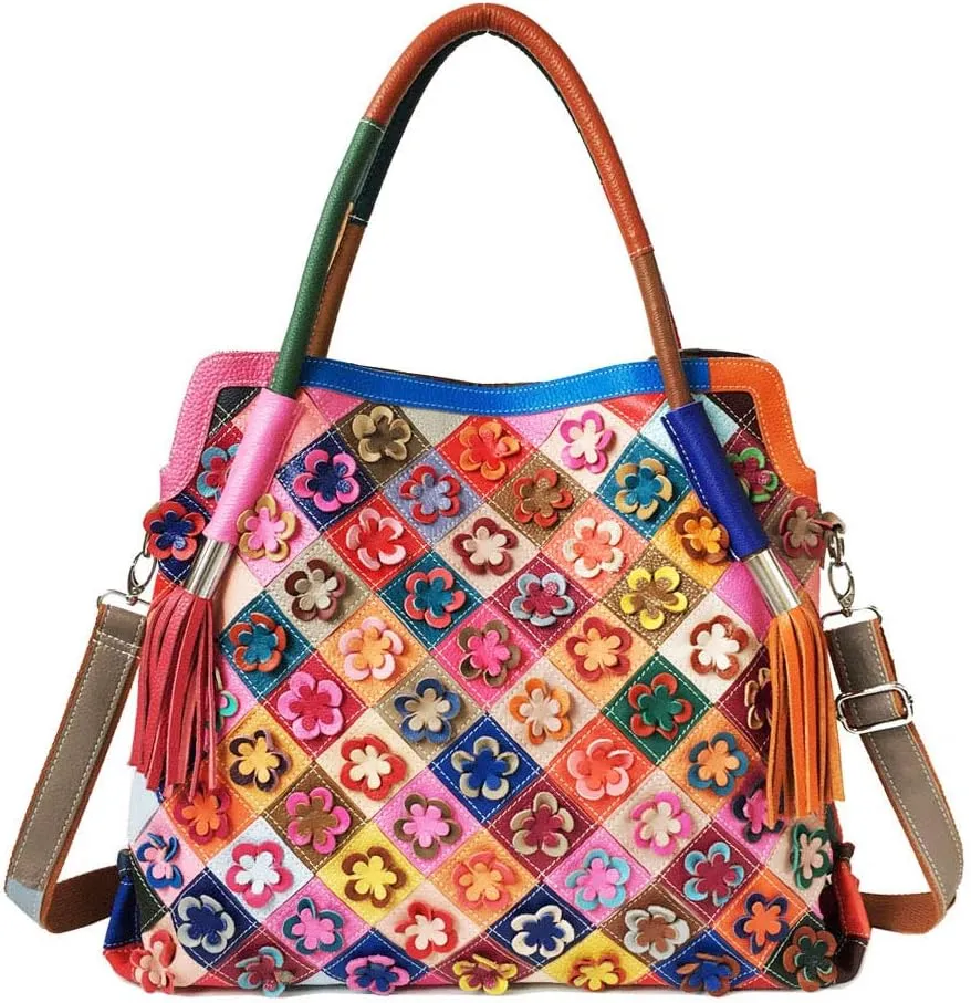Women's Multicolor Big Boston Bag Genuine Leather RANDOM Colorful Patchwork Large Tote Handbag Hobo Crossbody Purses