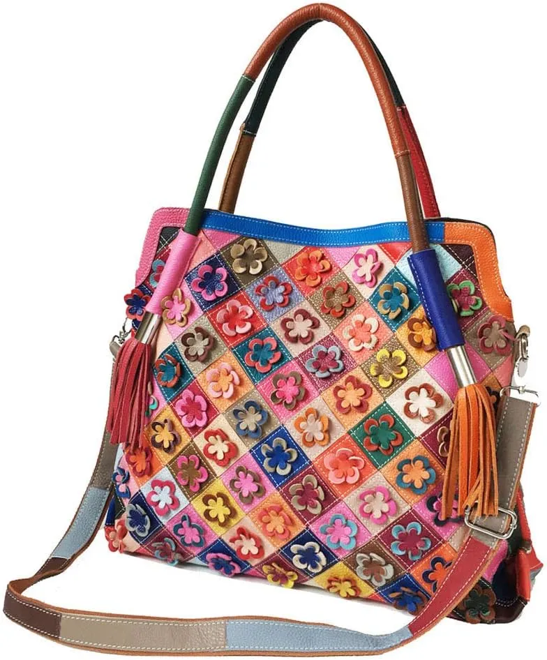 Women's Multicolor Big Boston Bag Genuine Leather RANDOM Colorful Patchwork Large Tote Handbag Hobo Crossbody Purses
