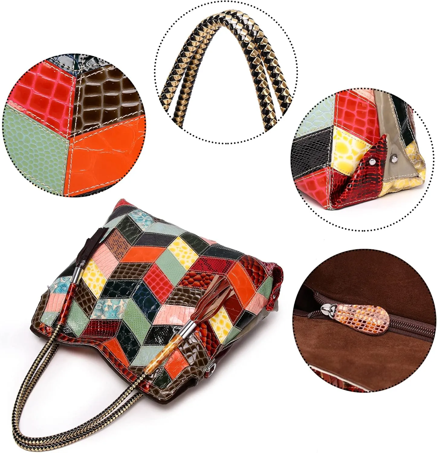 Women's Multicolor Big Boston Bag Genuine Leather RANDOM Colorful Patchwork Large Tote Handbag Hobo Crossbody Purses