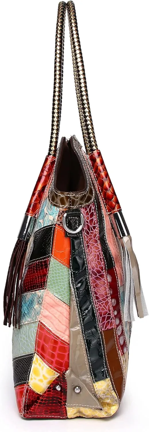 Women's Multicolor Big Boston Bag Genuine Leather RANDOM Colorful Patchwork Large Tote Handbag Hobo Crossbody Purses