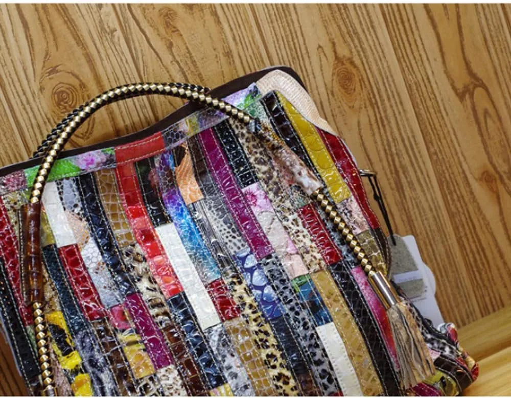 Women's Multicolor Big Boston Bag Genuine Leather RANDOM Colorful Patchwork Large Tote Handbag Hobo Crossbody Purses