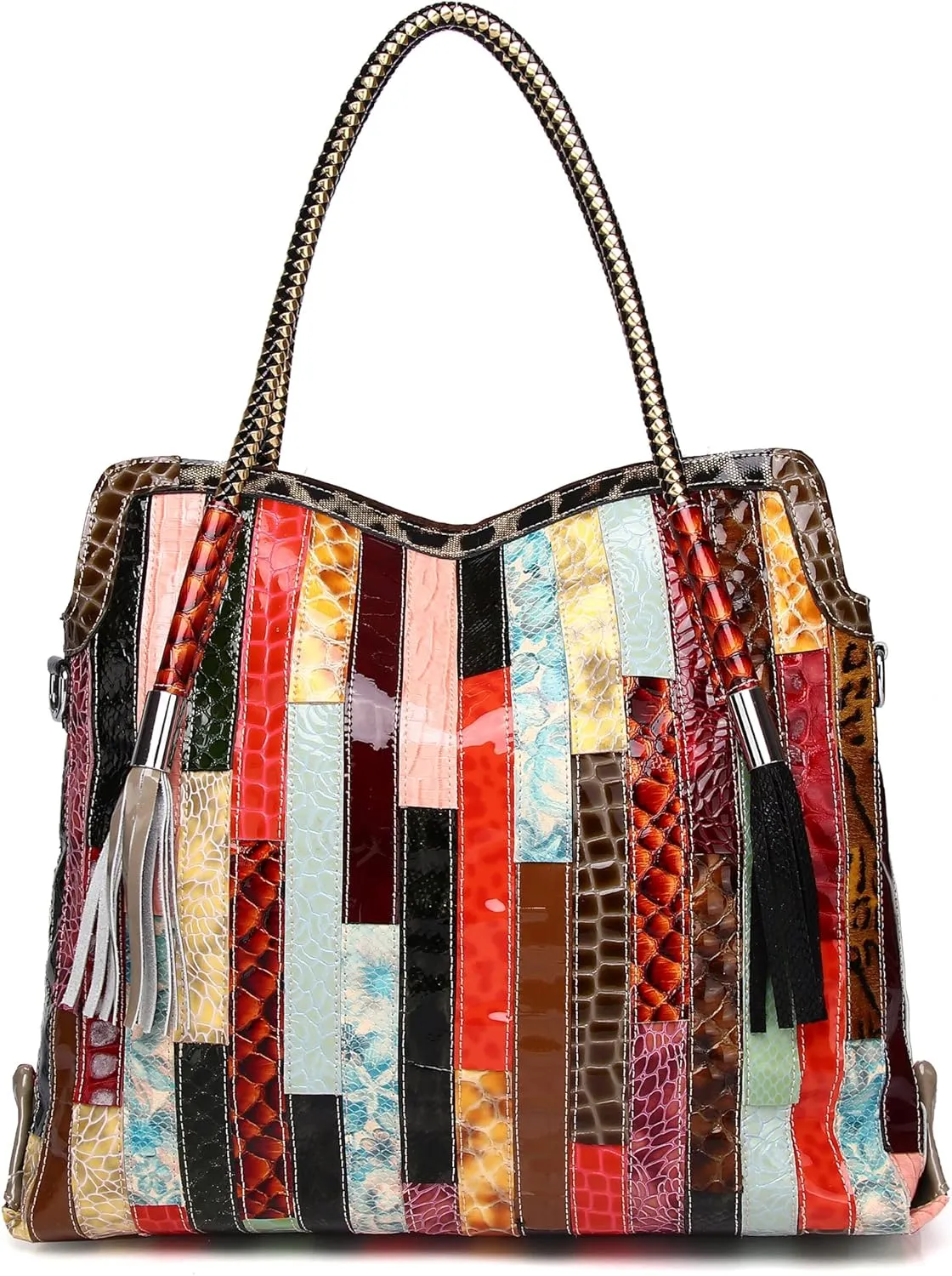 Women's Multicolor Big Boston Bag Genuine Leather RANDOM Colorful Patchwork Large Tote Handbag Hobo Crossbody Purses