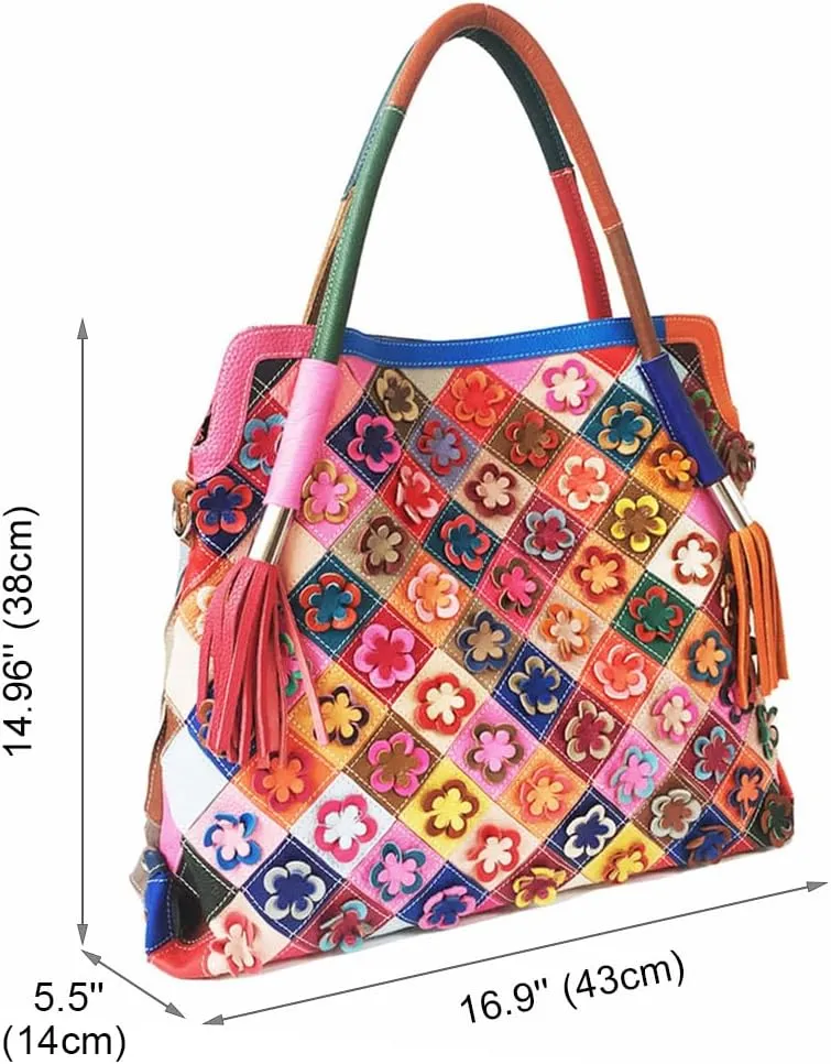 Women's Multicolor Big Boston Bag Genuine Leather RANDOM Colorful Patchwork Large Tote Handbag Hobo Crossbody Purses