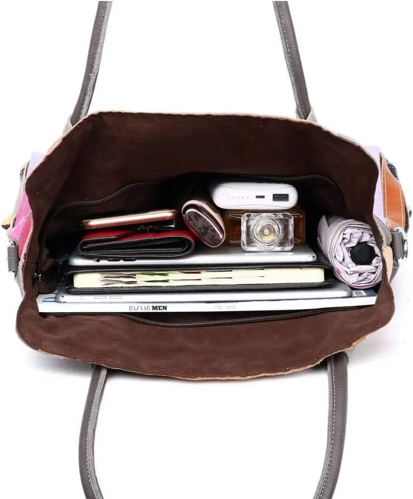 Women's Multicolor Big Boston Bag Genuine Leather RANDOM Colorful Patchwork Large Tote Handbag Hobo Crossbody Purses