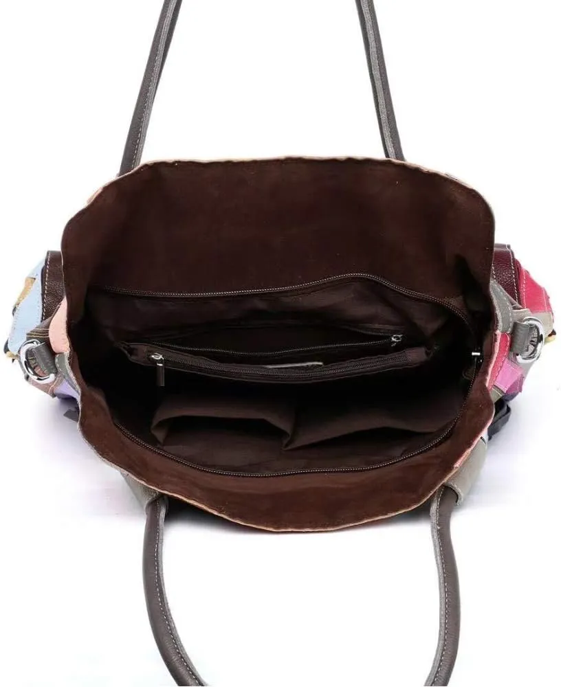 Women's Multicolor Big Boston Bag Genuine Leather RANDOM Colorful Patchwork Large Tote Handbag Hobo Crossbody Purses
