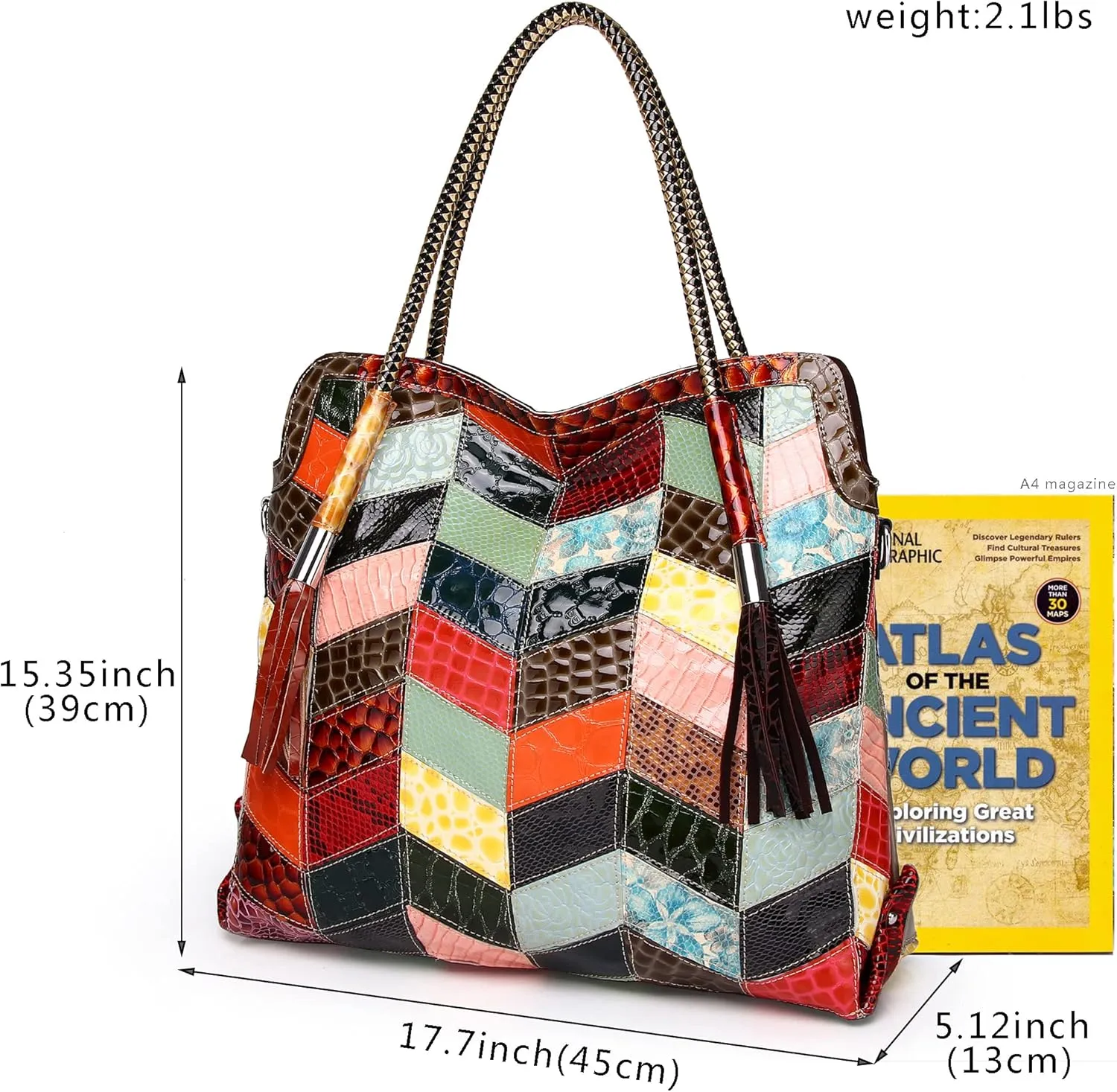 Women's Multicolor Big Boston Bag Genuine Leather RANDOM Colorful Patchwork Large Tote Handbag Hobo Crossbody Purses