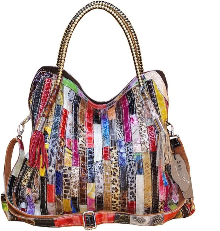 Women's Multicolor Big Boston Bag Genuine Leather RANDOM Colorful Patchwork Large Tote Handbag Hobo Crossbody Purses