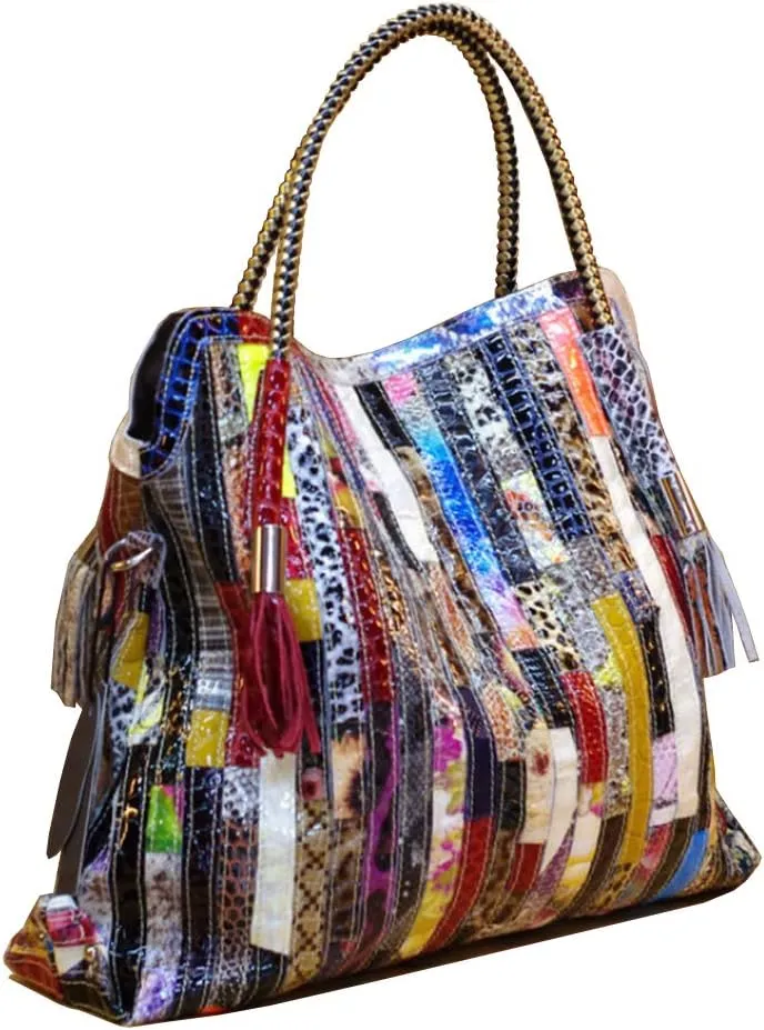 Women's Multicolor Big Boston Bag Genuine Leather RANDOM Colorful Patchwork Large Tote Handbag Hobo Crossbody Purses