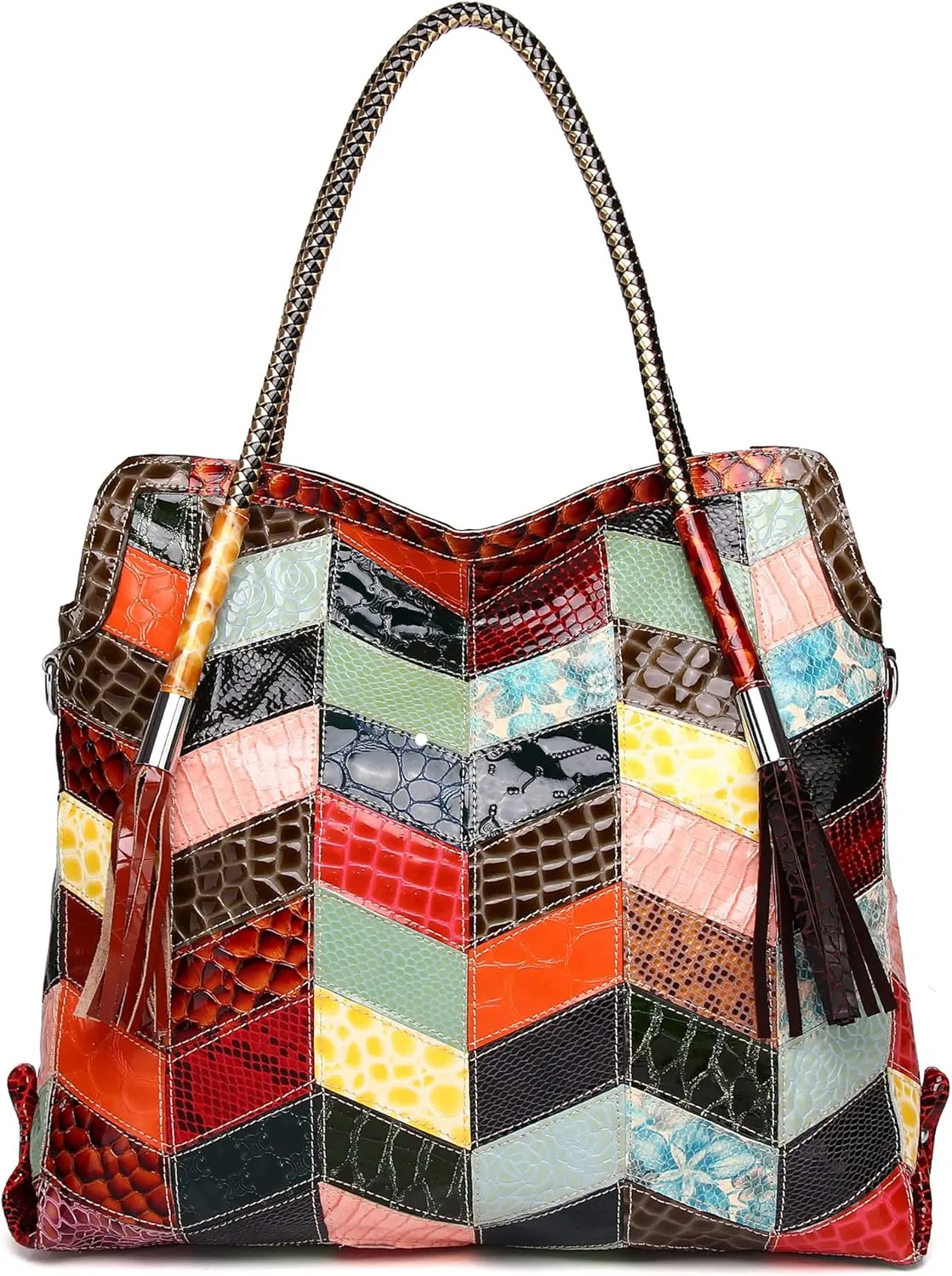 Women's Multicolor Big Boston Bag Genuine Leather RANDOM Colorful Patchwork Large Tote Handbag Hobo Crossbody Purses