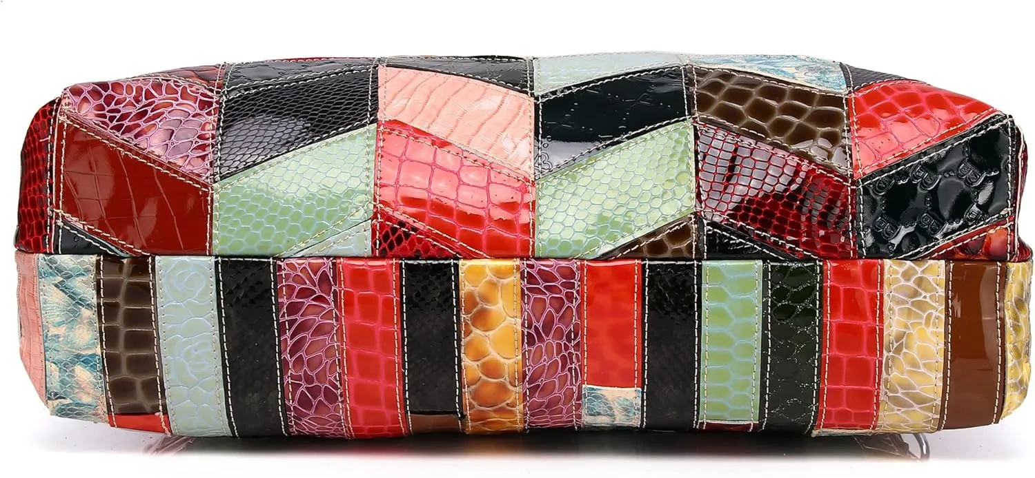 Women's Multicolor Big Boston Bag Genuine Leather RANDOM Colorful Patchwork Large Tote Handbag Hobo Crossbody Purses