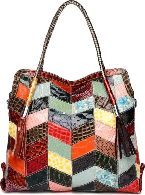 Women's Multicolor Big Boston Bag Genuine Leather RANDOM Colorful Patchwork Large Tote Handbag Hobo Crossbody Purses