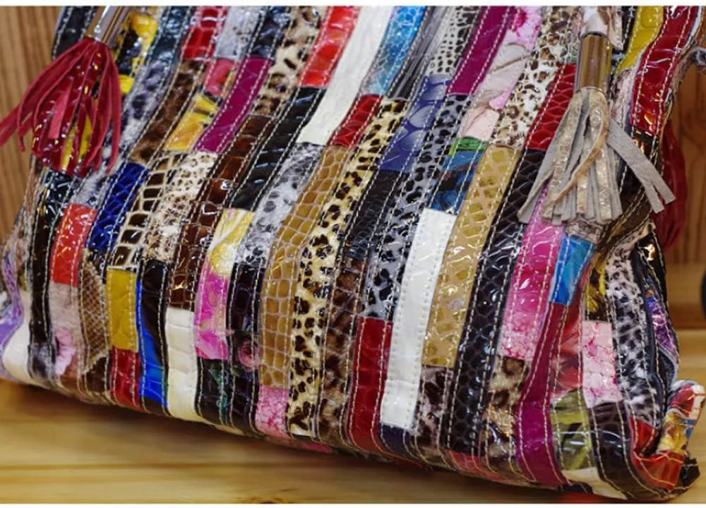 Women's Multicolor Big Boston Bag Genuine Leather RANDOM Colorful Patchwork Large Tote Handbag Hobo Crossbody Purses